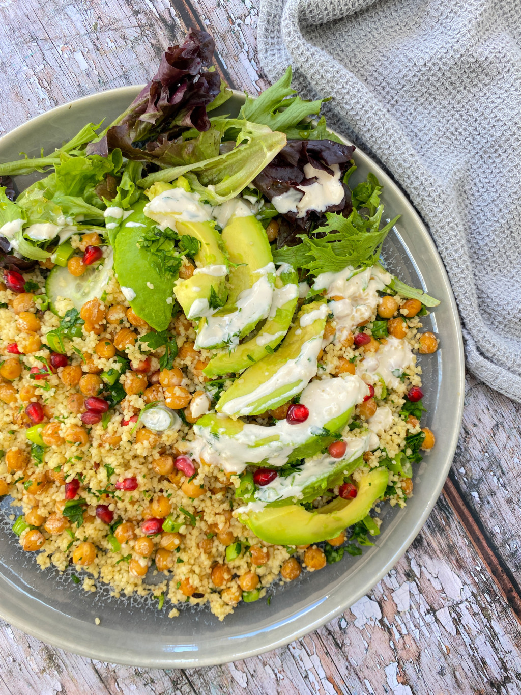 Natacha’s Crispy Chickpea, Couscous, Avocado Salad with Tahini Dressing
